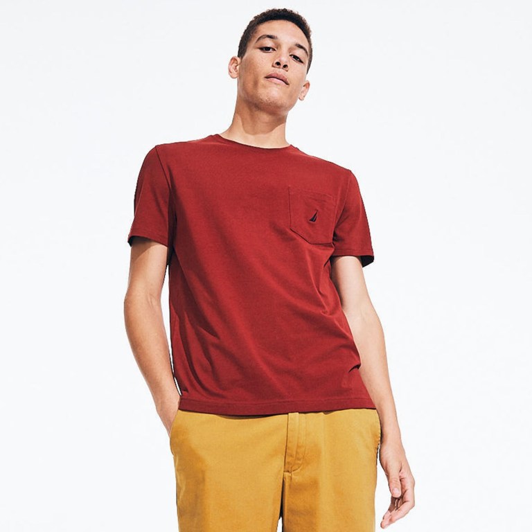 Nautica Crewneck Pocket T-shirts Heren Rood | 7hb6F3D1