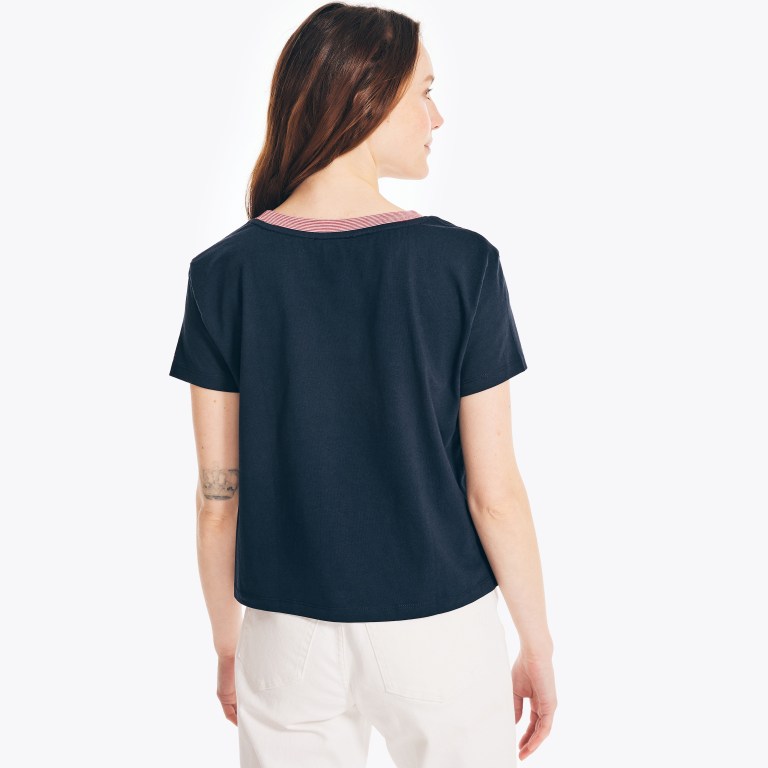 Nautica Cropped Logo Grafische T-shirts Dames Donkerblauw | AKz0TJas