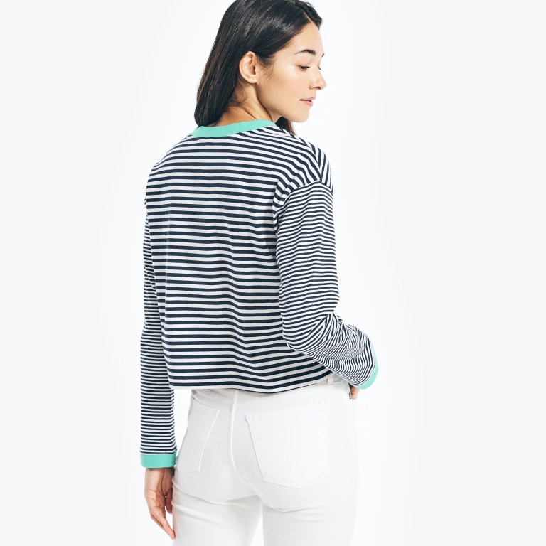 Nautica Cropped Striped Long-sleeve T-shirts Dames Wit | Lg5VxFQX