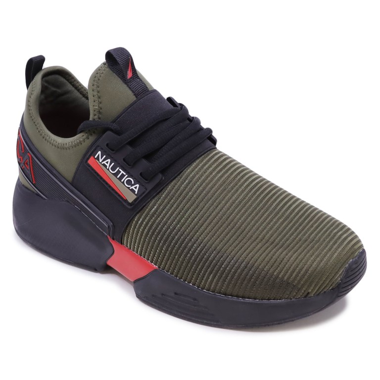 Nautica Embossed Striped Logo Mesh Sneakers Heren Olijfgroen | YKwqbqlv