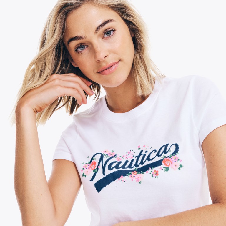 Nautica Floral Logo Grafische T-shirts Dames Wit | BoZP0Ocm