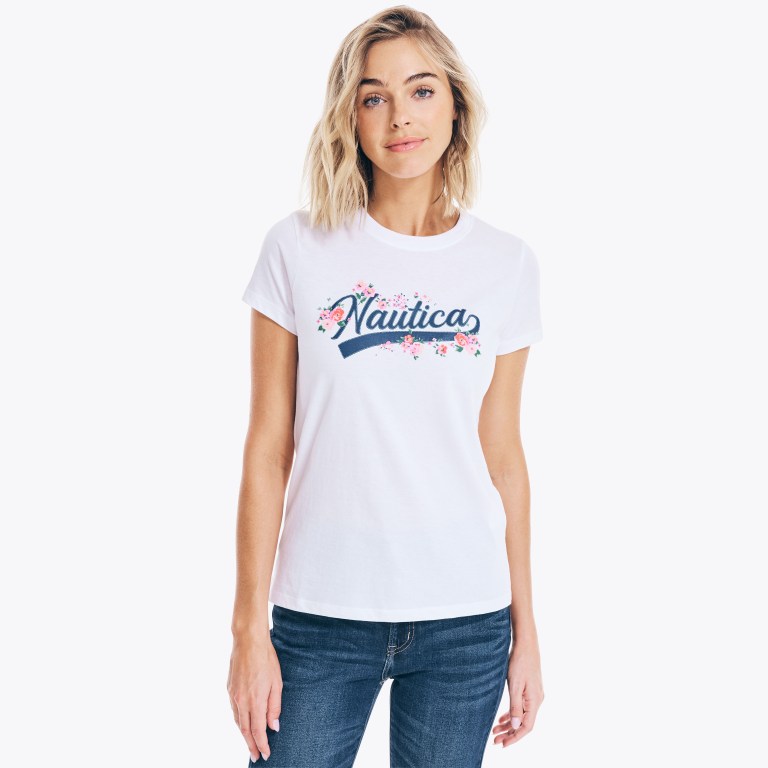 Nautica Floral Logo Grafische T-shirts Dames Wit | BoZP0Ocm