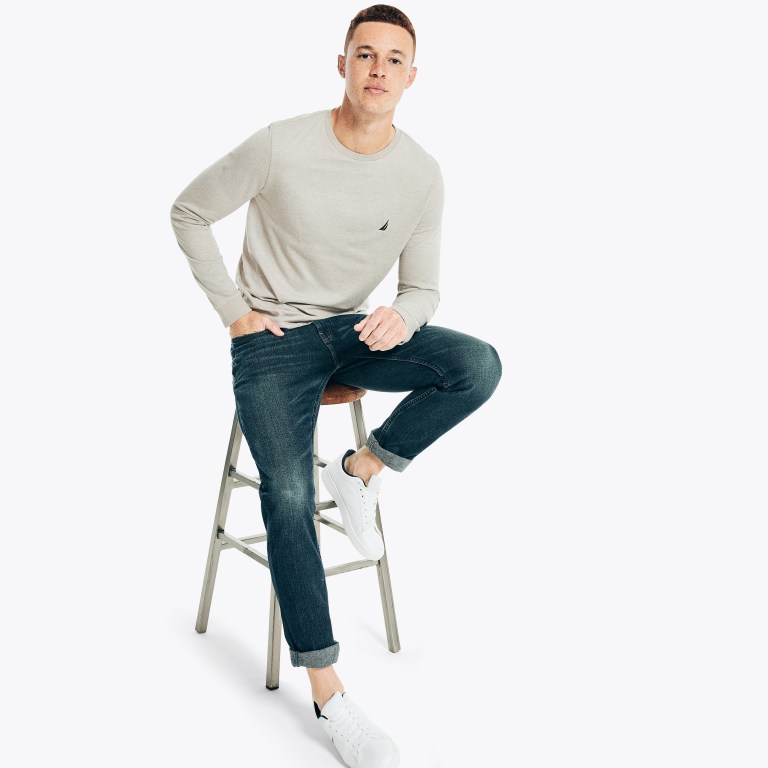 Nautica Heathered Crewneck Long-sleeve T-shirts Heren Grijs | tVxSVYmD