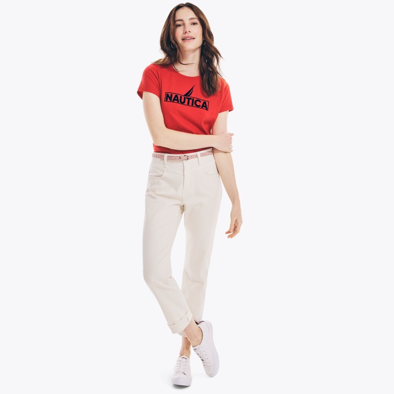 Nautica Logo Grafische T-shirts Dames Rood | m5FmFa5s