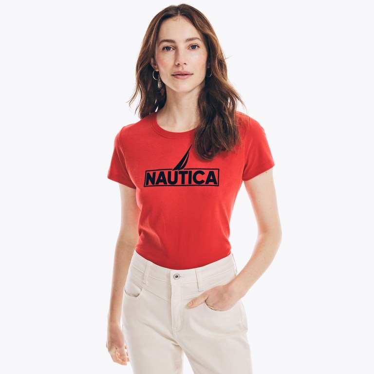 Nautica Logo Grafische T-shirts Dames Rood | m5FmFa5s