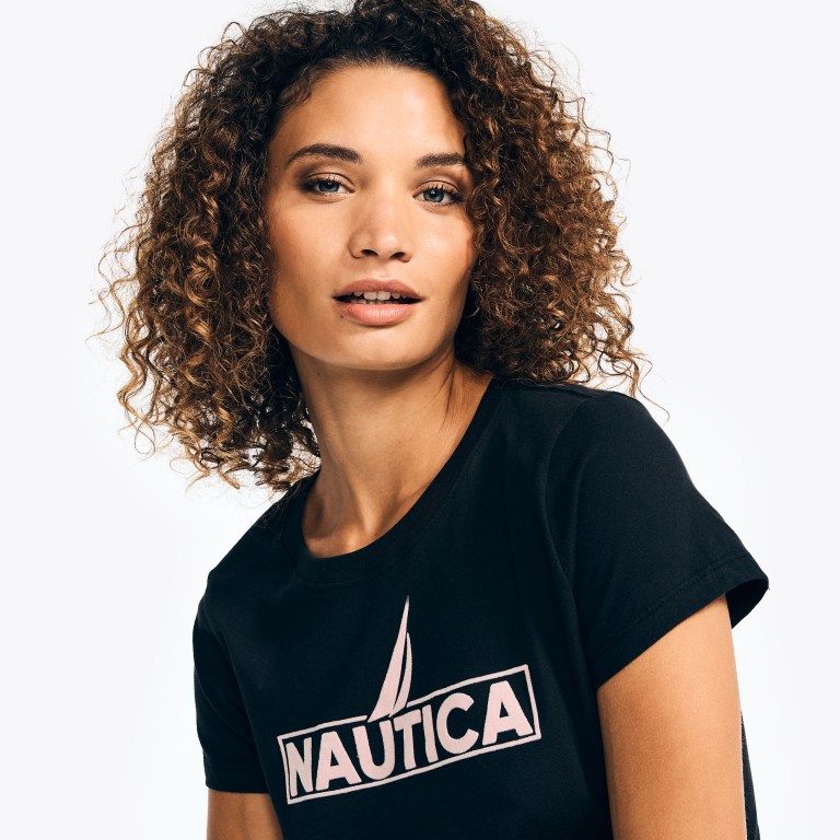 Nautica Logo Grafische T-shirts Dames Zwart | dZFiBCjz