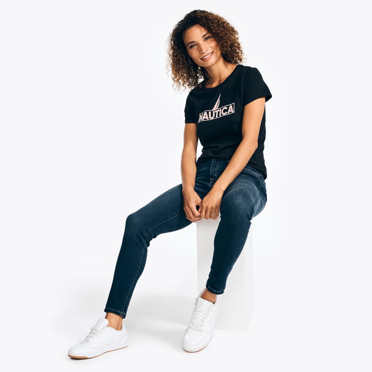 Nautica Logo Grafische T-shirts Dames Zwart | dZFiBCjz