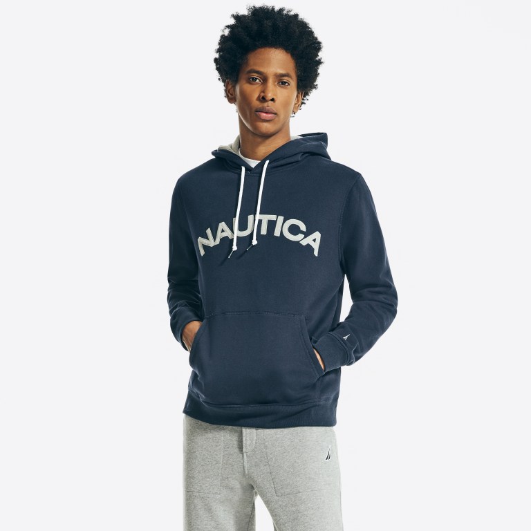 Nautica Logo Pullover Hoodie Sweatshirts Heren Donkerblauw | 2dxHFTxf