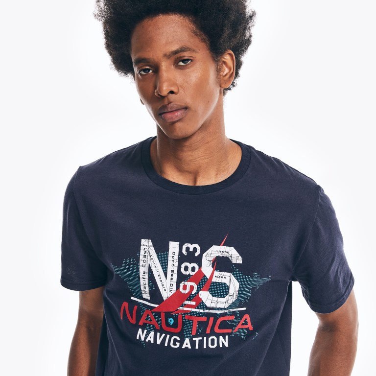 Nautica Map Navigation Grafische T-shirts Heren Donkerblauw | 1Apdom4G