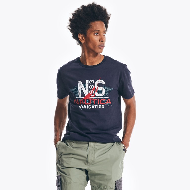 Nautica Map Navigation Grafische T-shirts Heren Donkerblauw | 1Apdom4G