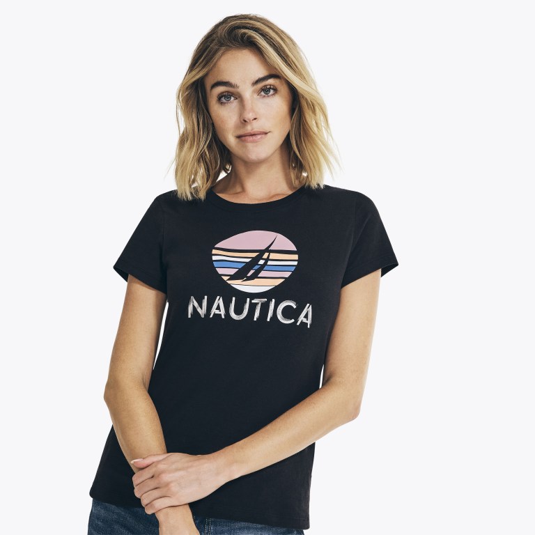 Nautica Metallic Foil Grafische T-shirts Dames Zwart | JsJryyKu