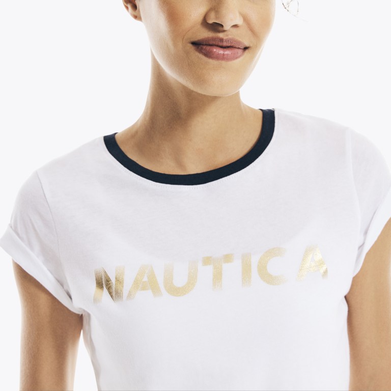 Nautica Metallic Foil Logo Grafische T-shirts Dames Wit | X1YZGaQL