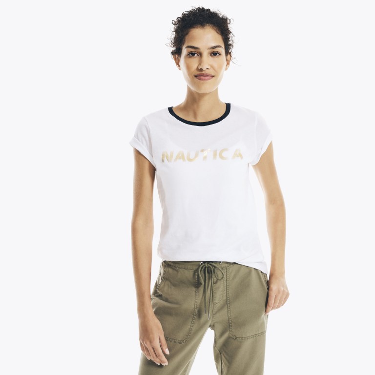 Nautica Metallic Foil Logo Grafische T-shirts Dames Wit | X1YZGaQL