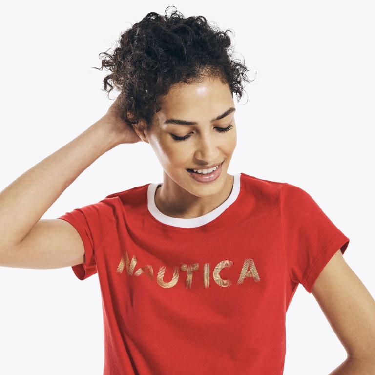 Nautica Metallic Foil Logo Grafische T-shirts Dames Rood | w9a9gXWz