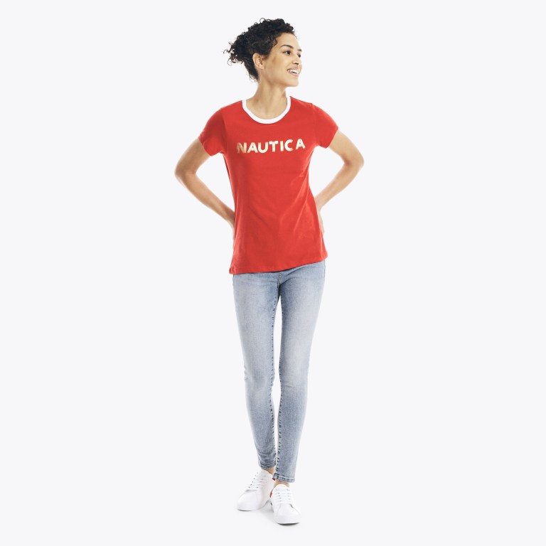 Nautica Metallic Foil Logo Grafische T-shirts Dames Rood | w9a9gXWz