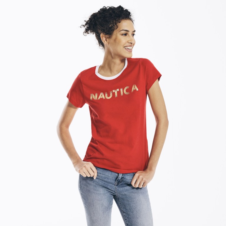 Nautica Metallic Foil Logo Grafische T-shirts Dames Rood | w9a9gXWz