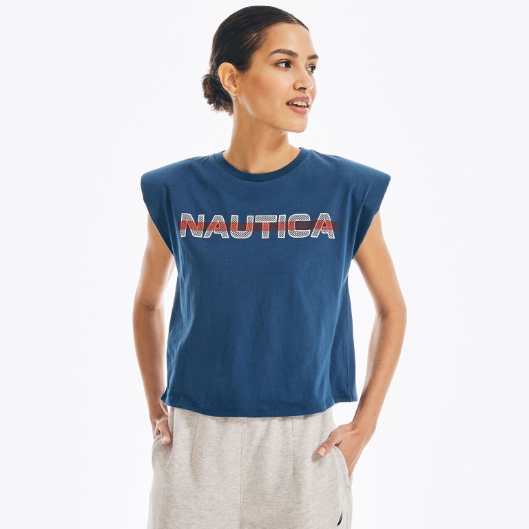 Nautica Mouwloos Logo T-shirts Dames Blauw | jkVKb2eu