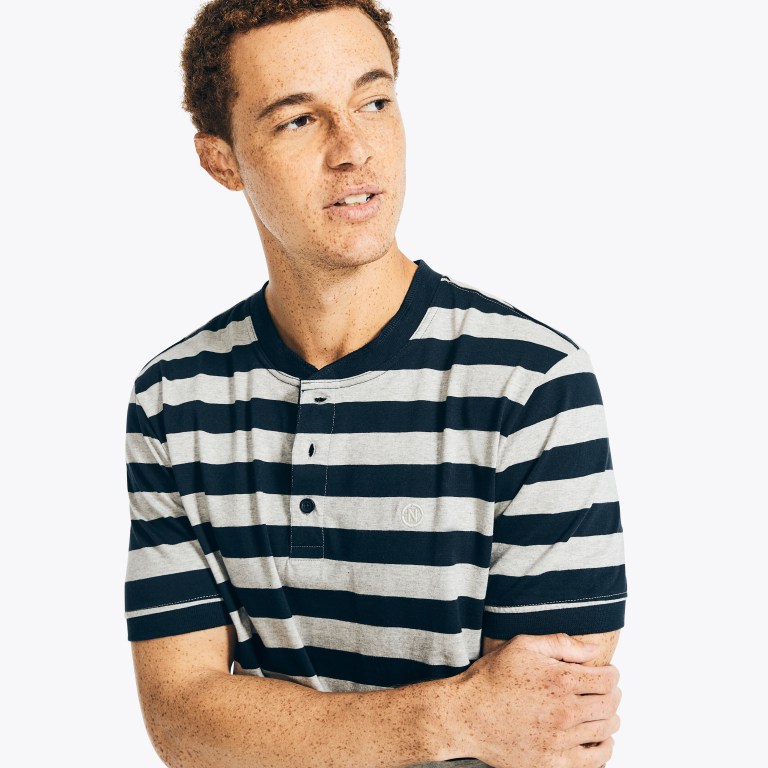 Nautica Nautica Co. Striped -sleeve Henley T-shirts Heren Grijs | X0mQXKmi