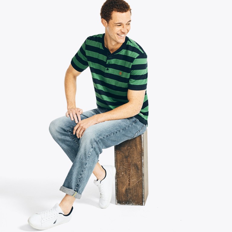 Nautica Nautica Co. Striped -sleeve Henley T-shirts Heren Groen | qQufuhki