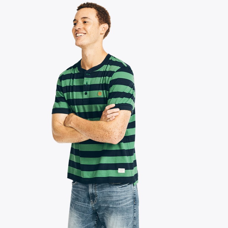 Nautica Nautica Co. Striped -sleeve Henley T-shirts Heren Groen | qQufuhki