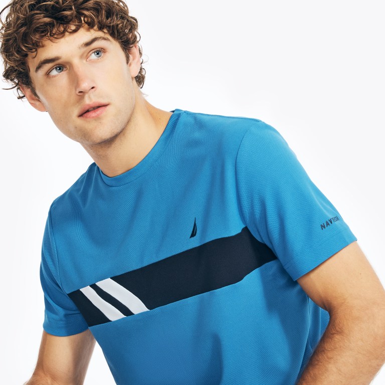 Nautica Navtech Chest-stripe Crewneck T-shirts Heren Donkerblauw | QOBwnyCJ