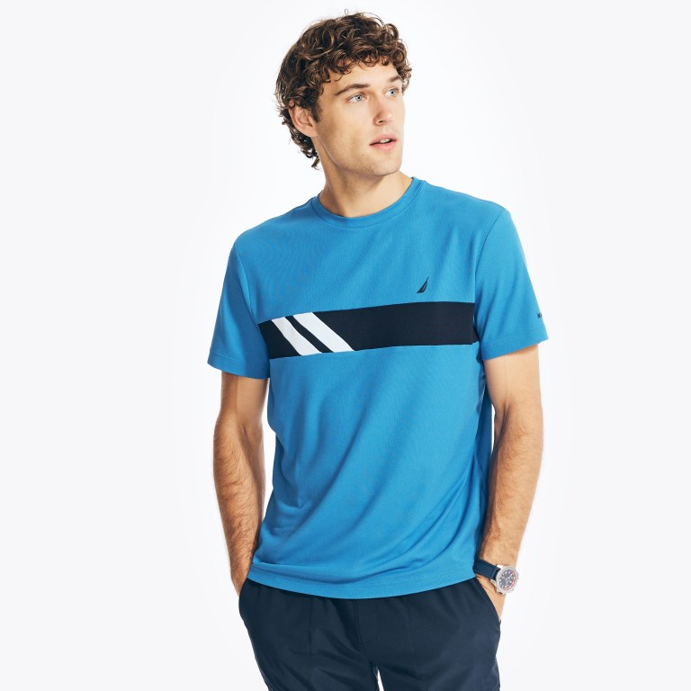 Nautica Navtech Chest-stripe Crewneck T-shirts Heren Donkerblauw | QOBwnyCJ