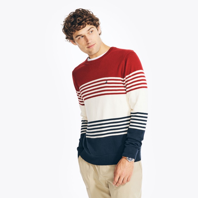 Nautica Navtech Striped Crewneck Truien Heren Donkerblauw | vOuOtjxa