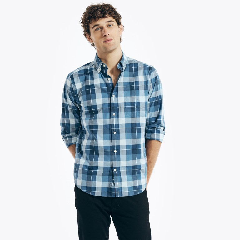 Nautica Plaid Overhemd Heren Blauw | ZEvpUuRp