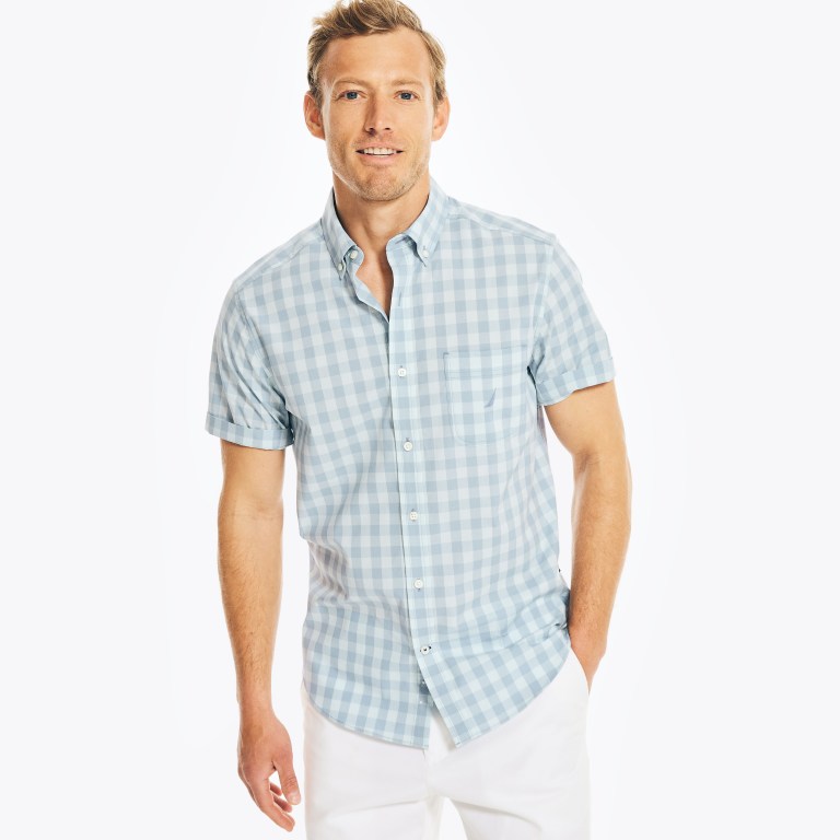 Nautica Plaid Poplin Overhemd Heren Blauw | tmztIaNw