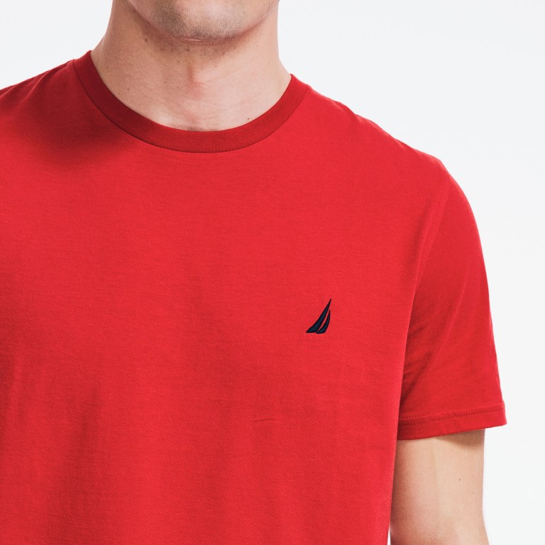 Nautica Premium Katoenen Crewneck T-shirts Heren Rood | qkcz0G4p