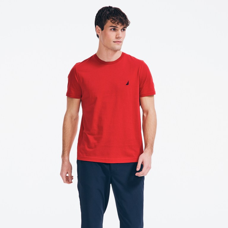 Nautica Premium Katoenen Crewneck T-shirts Heren Rood | qkcz0G4p