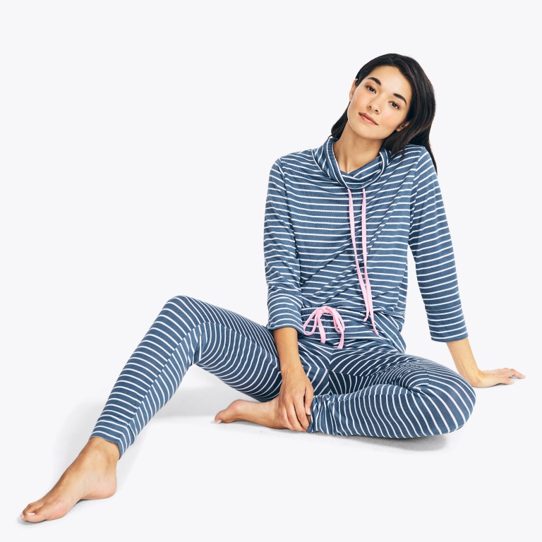 Nautica Quarter-sleeve Striped Jogger Sleep Set Sleepwear Dames Blauw | 5uGTnGbl