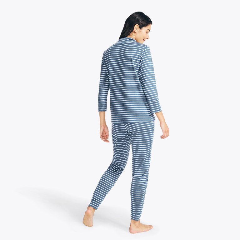 Nautica Quarter-sleeve Striped Jogger Sleep Set Sleepwear Dames Blauw | 5uGTnGbl