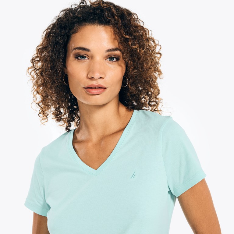 Nautica Solid V-neck T-shirts Dames Blauw | ybsHSCJS