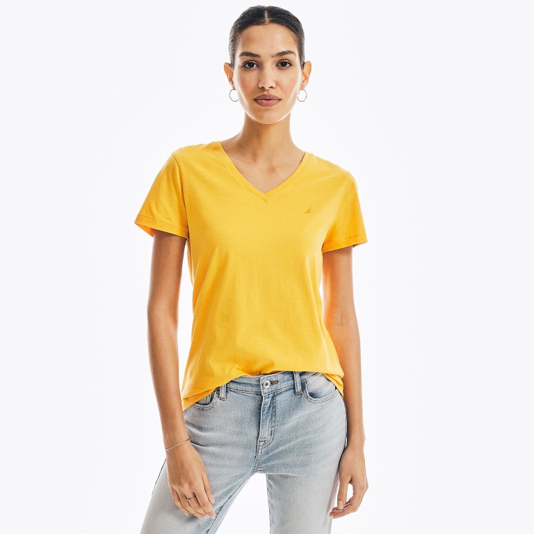 Nautica Solid V-neck T-shirts Dames Geel | STOmURUS