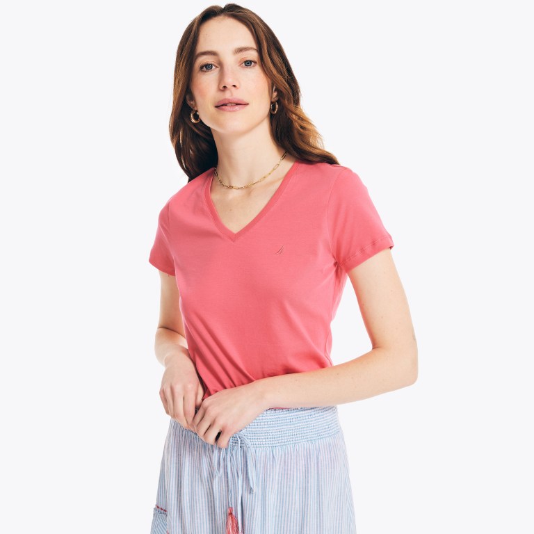 Nautica Solid V-neck T-shirts Dames Rood | nyyPqf5t