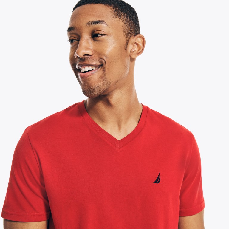 Nautica Solid V-neck T-shirts Heren Rood | ehNbwIbh