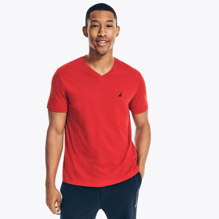 Nautica Solid V-neck T-shirts Heren Rood | ehNbwIbh