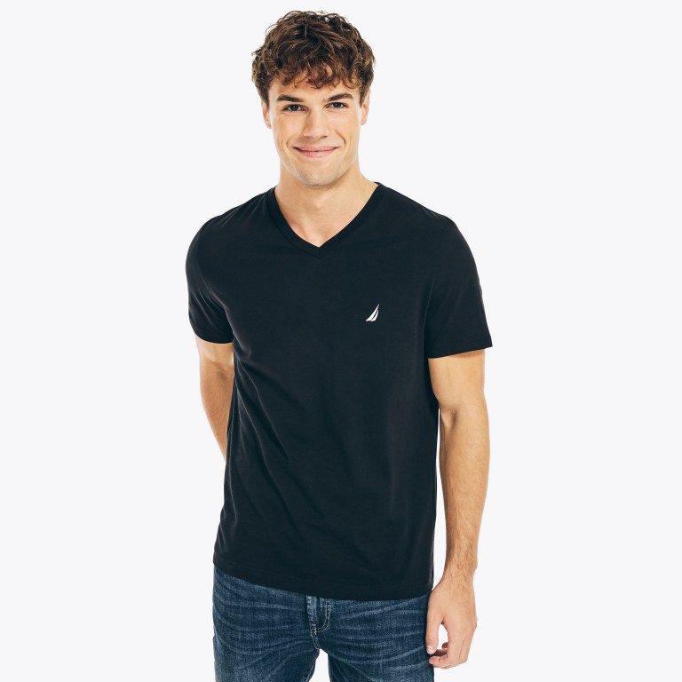 Nautica Solid V-neck T-shirts Heren Zwart | kL1rb9om