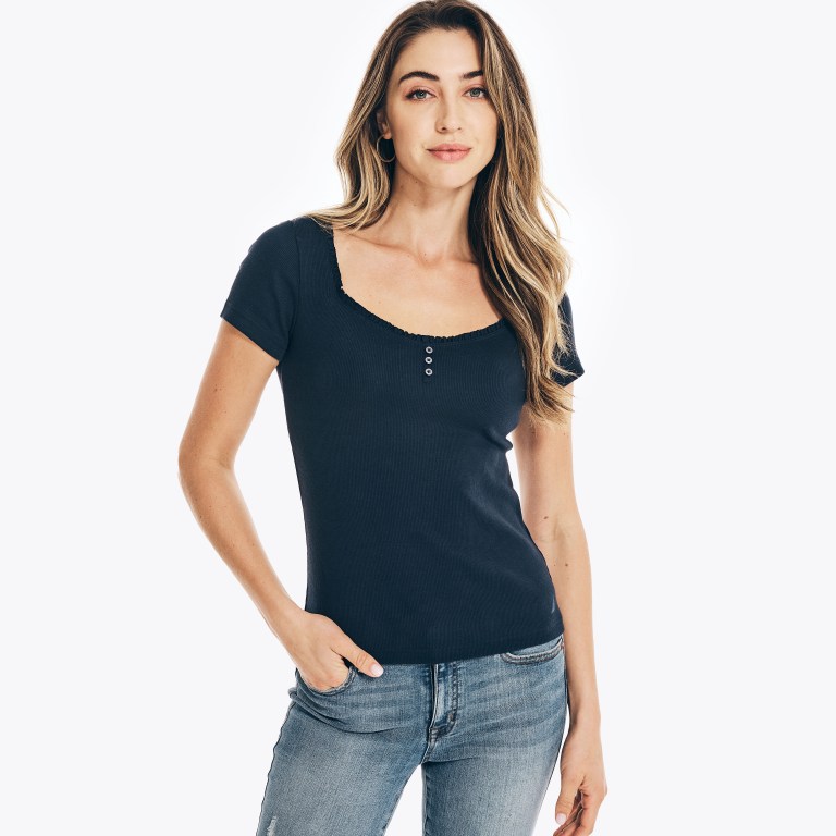 Nautica Square-neck -sleeve Henley Topjes Dames Blauw | sA5KtE0m