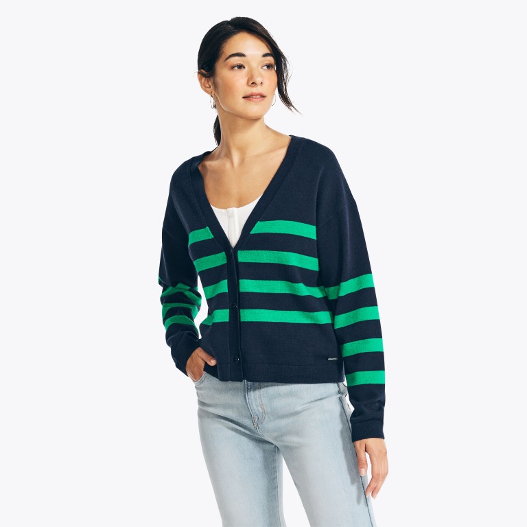 Nautica Striped Cardigan Truien Dames Blauw | kLUaRiZI