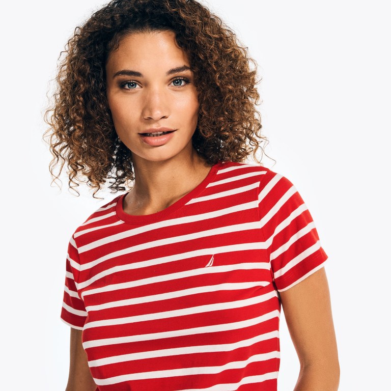 Nautica Striped Crewneck T-shirts Dames Rood | 2tFyA7ou