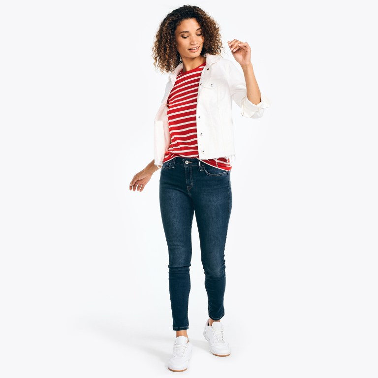 Nautica Striped Crewneck T-shirts Dames Rood | 2tFyA7ou