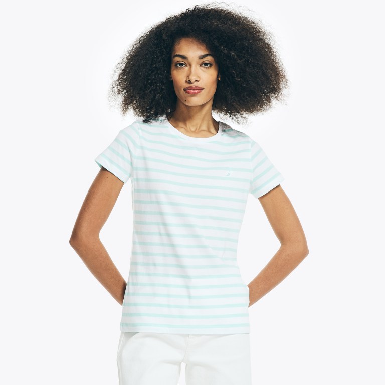 Nautica Striped Crewneck T-shirts Dames Blauw | CyQPGcSR