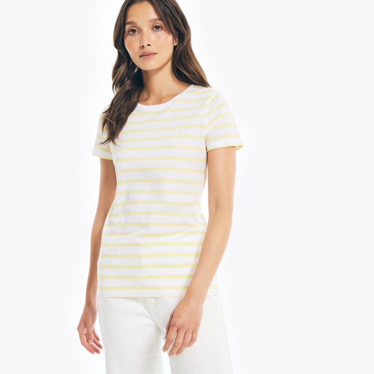 Nautica Striped Crewneck T-shirts Dames Geel | SHjmS4QA