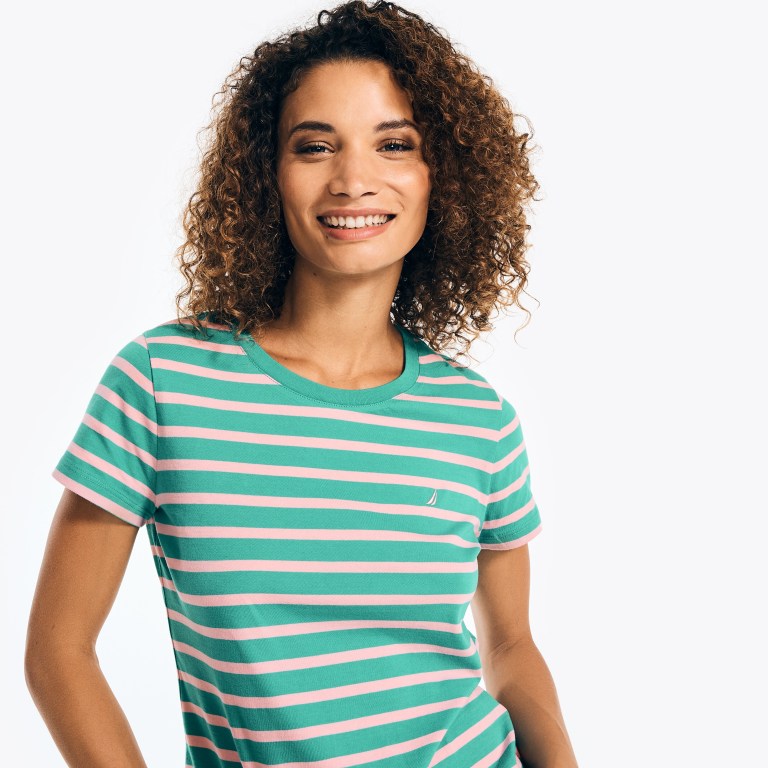 Nautica Striped Crewneck T-shirts Dames Groen | mPO2b4Tt