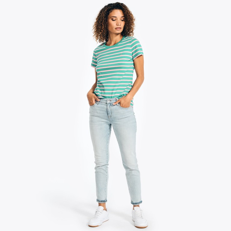 Nautica Striped Crewneck T-shirts Dames Groen | mPO2b4Tt