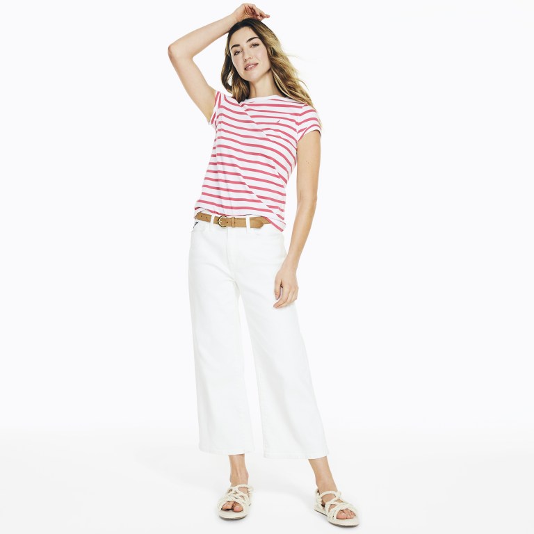 Nautica Striped Crewneck T-shirts Dames Rood | qa0s2aIf