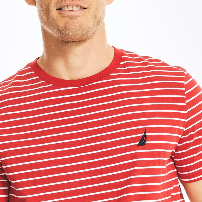 Nautica Striped Crewneck T-shirts Heren Rood | J3xhOszQ