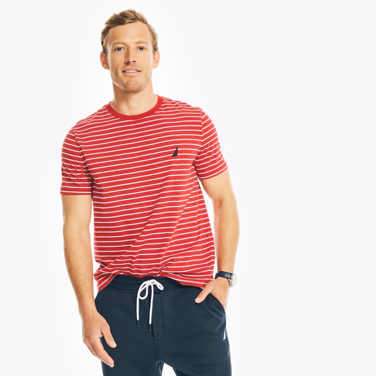 Nautica Striped Crewneck T-shirts Heren Rood | J3xhOszQ